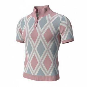 Vintage Blair Men’s L Made USA Argyle  Short Sleeve Sweater Pink Gray